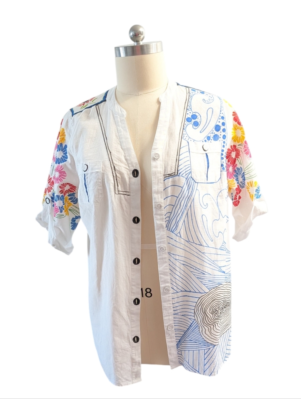 Lane Bryant Embellished Floral Graphic Linen Button Down Shirt OOAK 22/24 - Picture 3 of 12